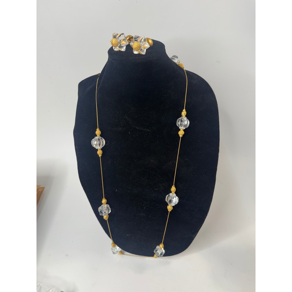 Vintage Anne Klein Gold Tone Clear Fluted Lucite Station Necklace Earring Set